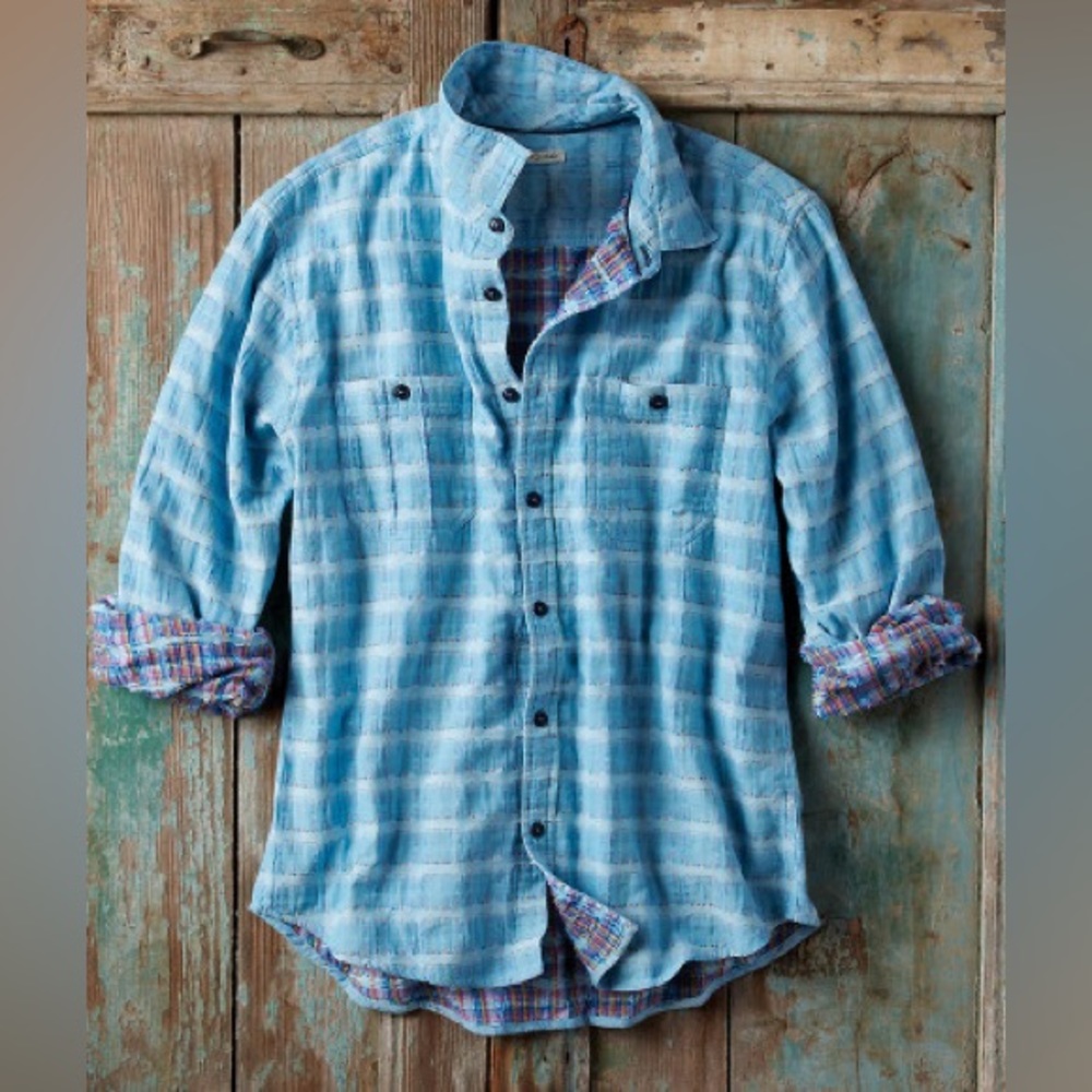 Carbon2Cobalt Men's Sea Change Chambray Blue Plaid Shirt SZ XLT